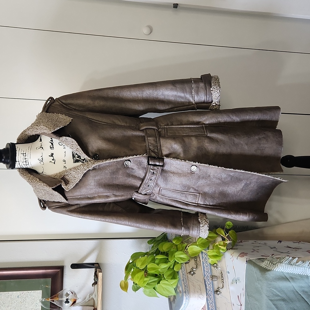 Christopher & Banks Vegan Suede, Sherpa Lined Long Jacket